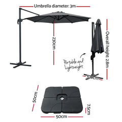 Instahut 3m Outdoor Umbrella w/Base Cantilever Beach Roma 360 Degree Tilt