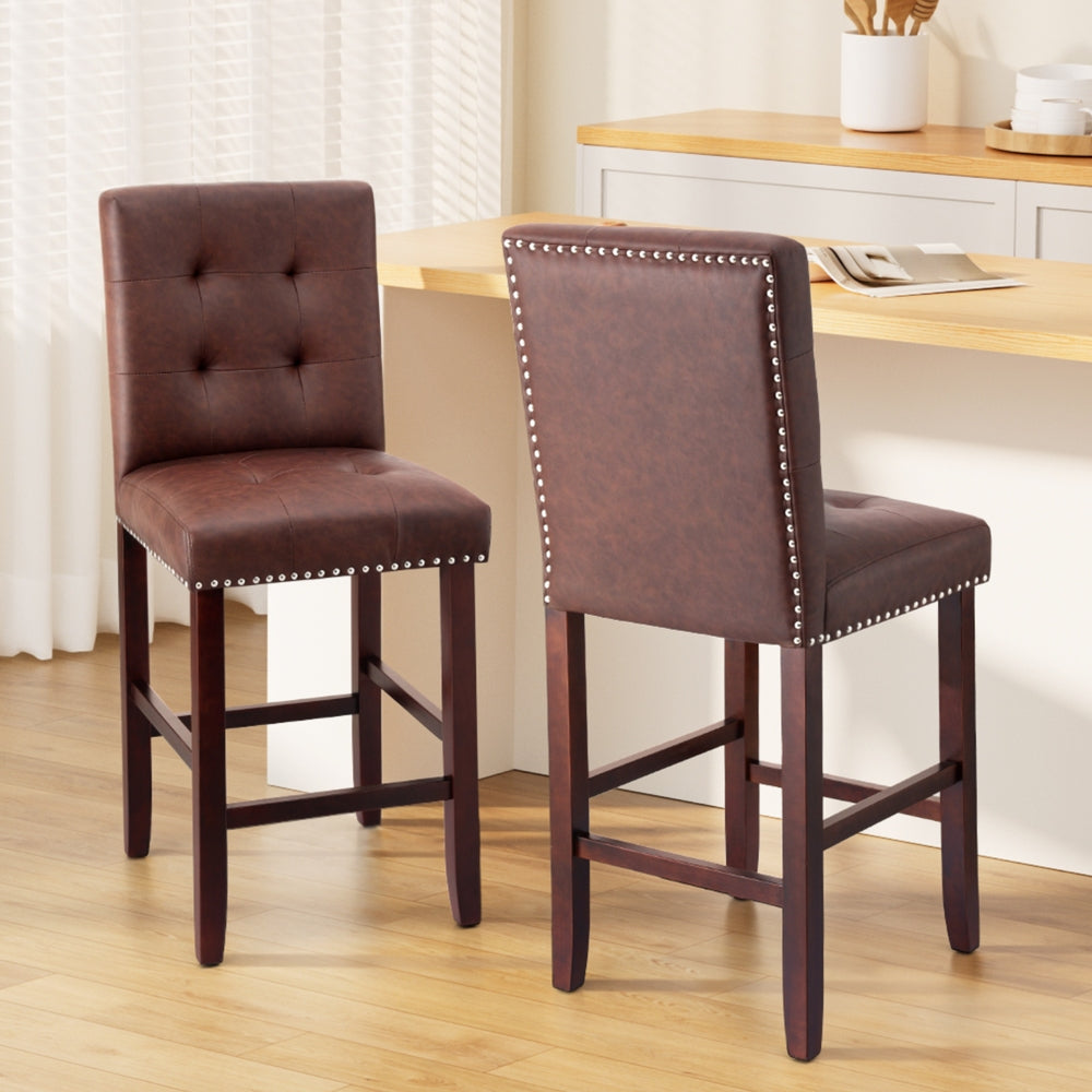 Artiss Set of 2 Bar Stools Kitchen Dining Chairs Counter PU Leather Wooden Ada Brown