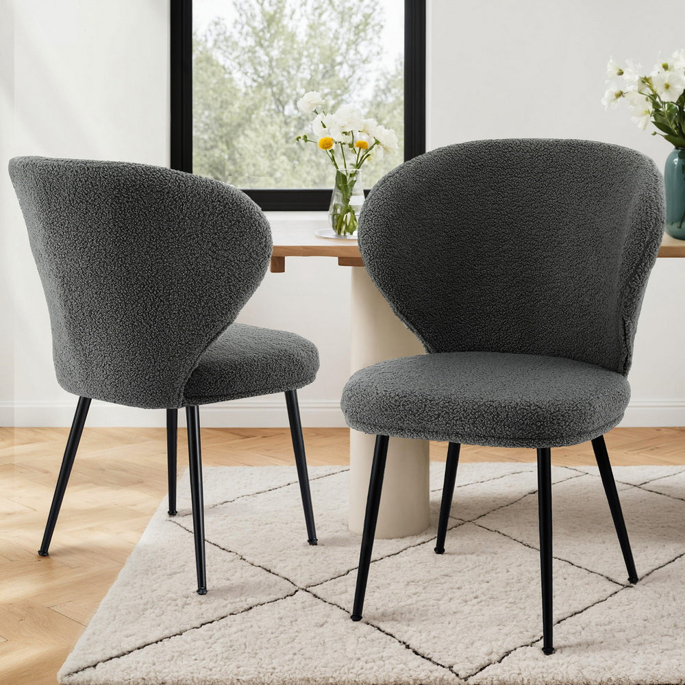 Artiss Set of 2 Dining Chairs Sherpa Boucle Wing Back Grey