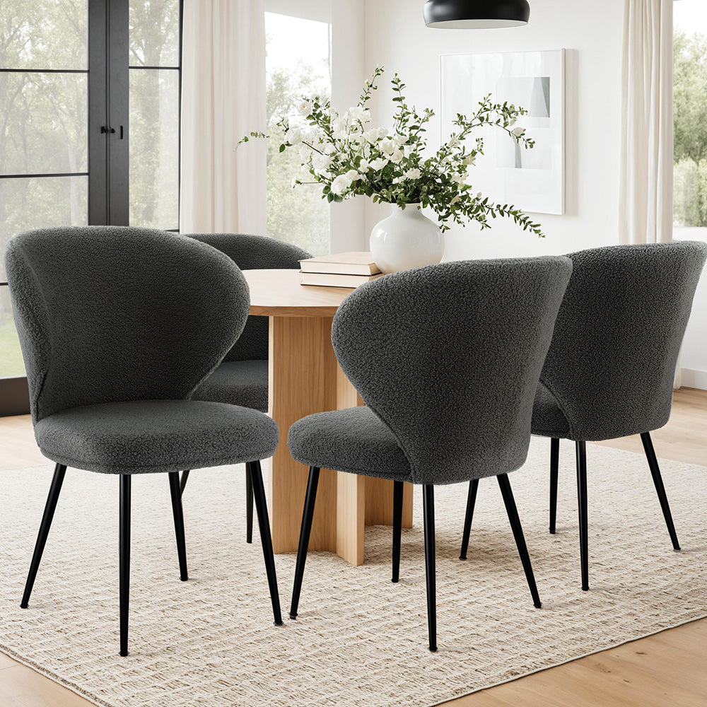 Artiss Set of 4 Dining Chairs Sherpa Boucle Wing Back Grey