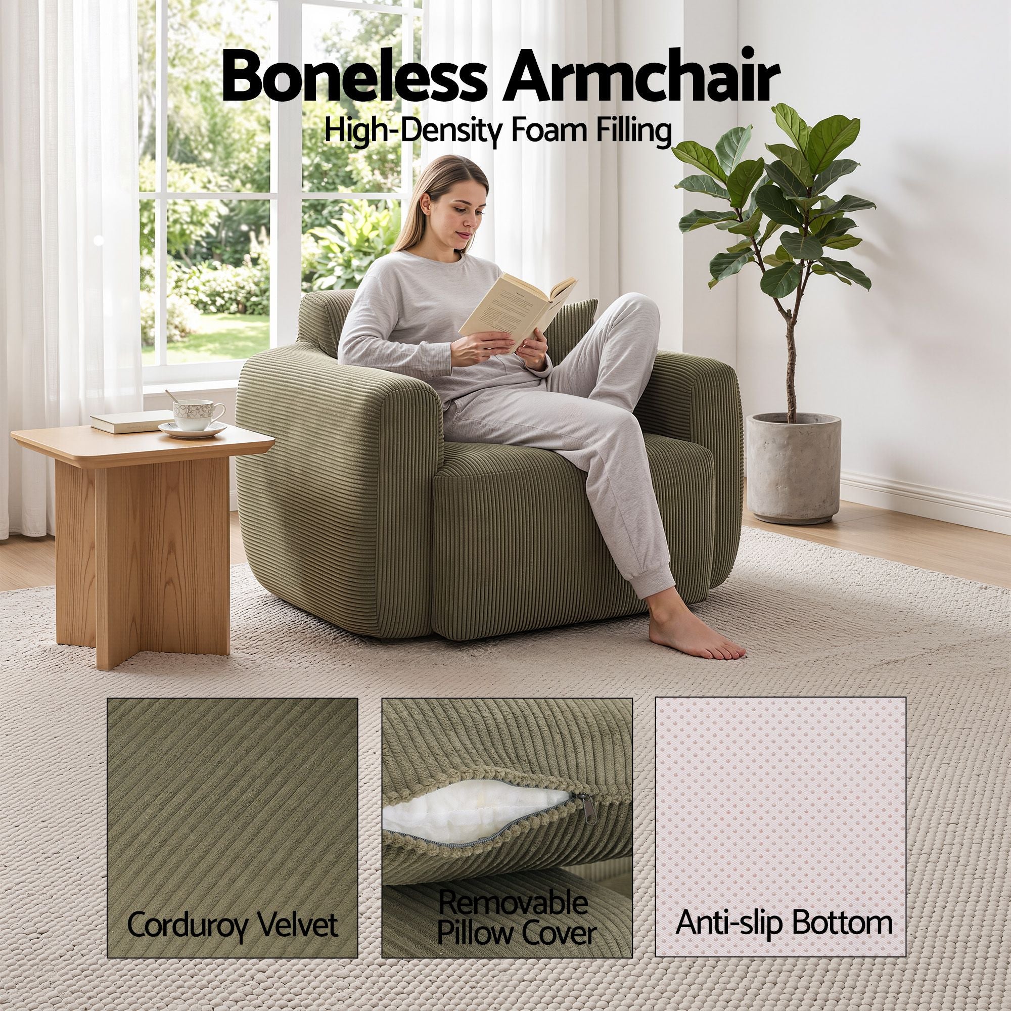 Artiss Compressed Armchair Sofa with Cushion Corduroy No Assembly Green