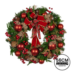 Christabelle 56cm Christmas Wreath Lush Green Holiday Door Wreath with Red Berries, Baubles & Pine Cones Pre-Decorated Festive Wall or Front Door Decoration