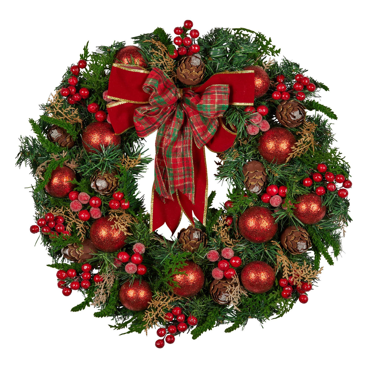 Christabelle 71cm Christmas Wreath Lush Green Holiday Door Wreath with Red Berries, Baubles & Pine Cones Pre-Decorated Festive Wall or Front Door Decoration