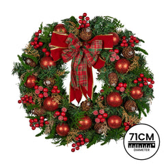 Christabelle 71cm Christmas Wreath Lush Green Holiday Door Wreath with Red Berries, Baubles & Pine Cones Pre-Decorated Festive Wall or Front Door Decoration