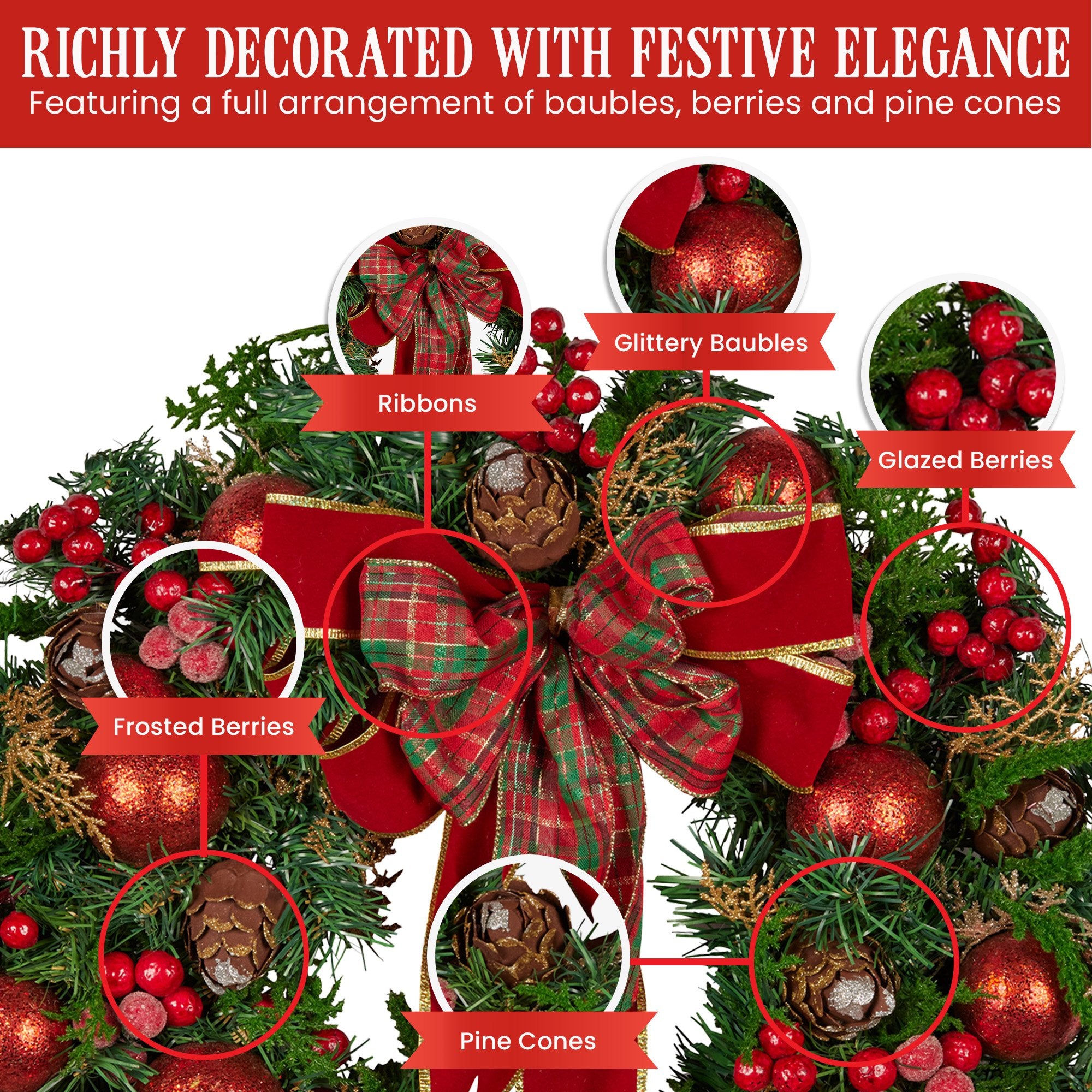 Christabelle 71cm Christmas Wreath Lush Green Holiday Door Wreath with Red Berries, Baubles & Pine Cones Pre-Decorated Festive Wall or Front Door Decoration