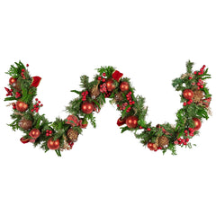 Christabelle 185cm Christmas Garland Lush Green Holiday Garland with Red Berries, Baubles & Pine Cones Pre-Decorated Festive Shelf or Banister Decoration