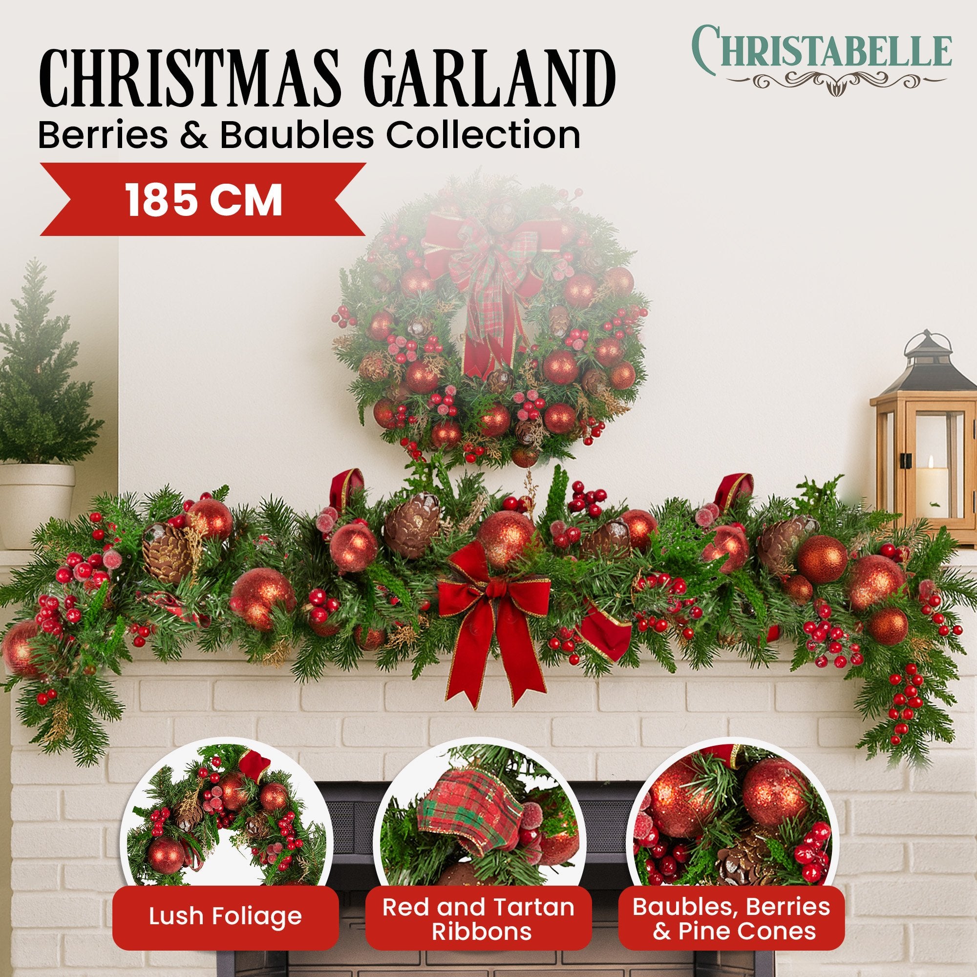 Christabelle 185cm Christmas Garland Lush Green Holiday Garland with Red Berries, Baubles & Pine Cones Pre-Decorated Festive Shelf or Banister Decoration