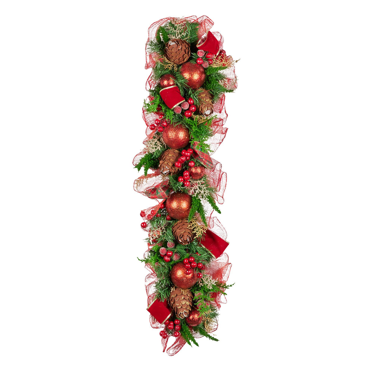 Christabelle 100cm Christmas Garland Lush Green Holiday Garland w/ Red Berries, Baubles & Pine Cones Pre-Decorated Festive Shelf or Banister Decoration