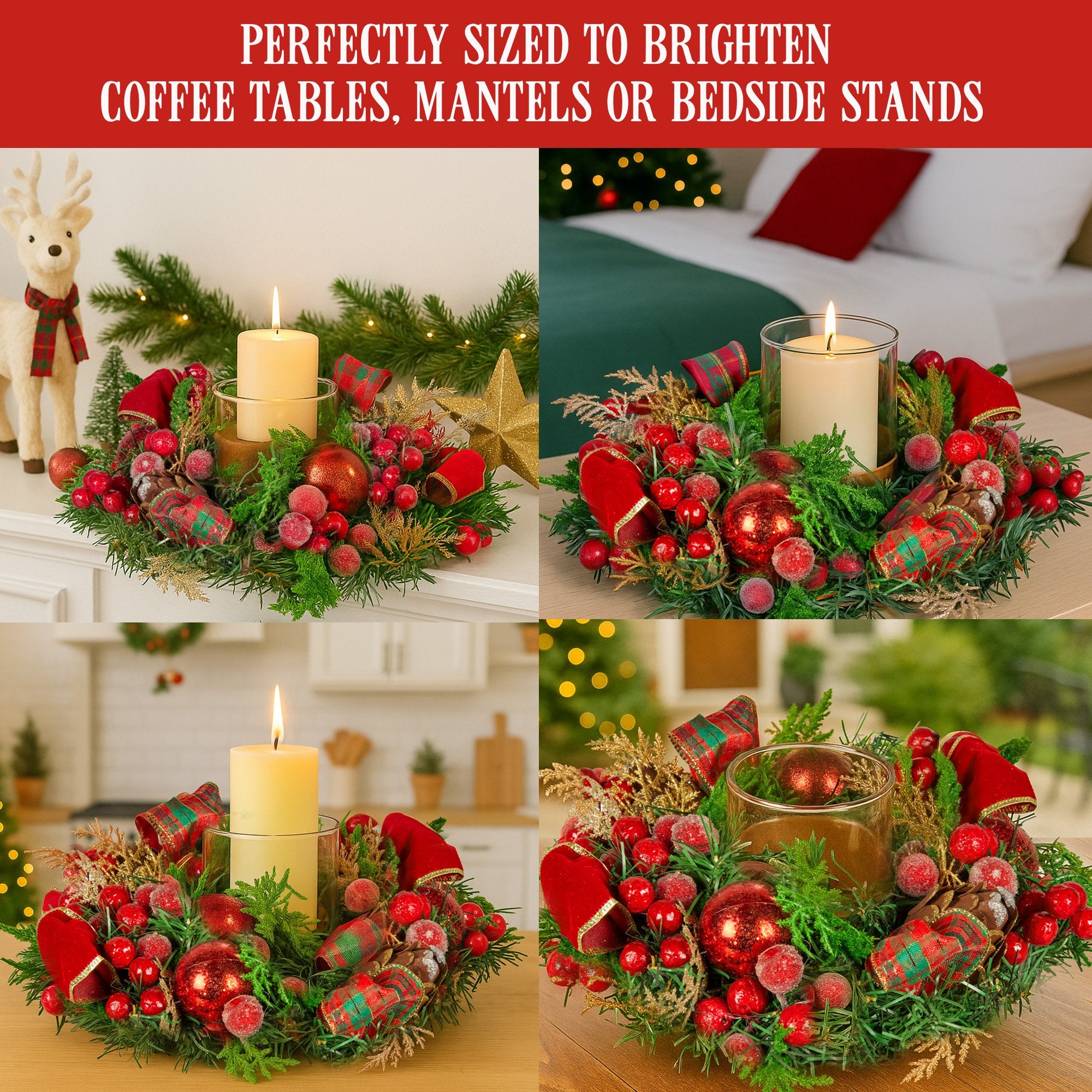 Christabelle 26cm Christmas Centrepiece Lush Green Holiday Display w/Red Berries & Hurricane Candle Holder Pre-decorated for Dining Table Console
