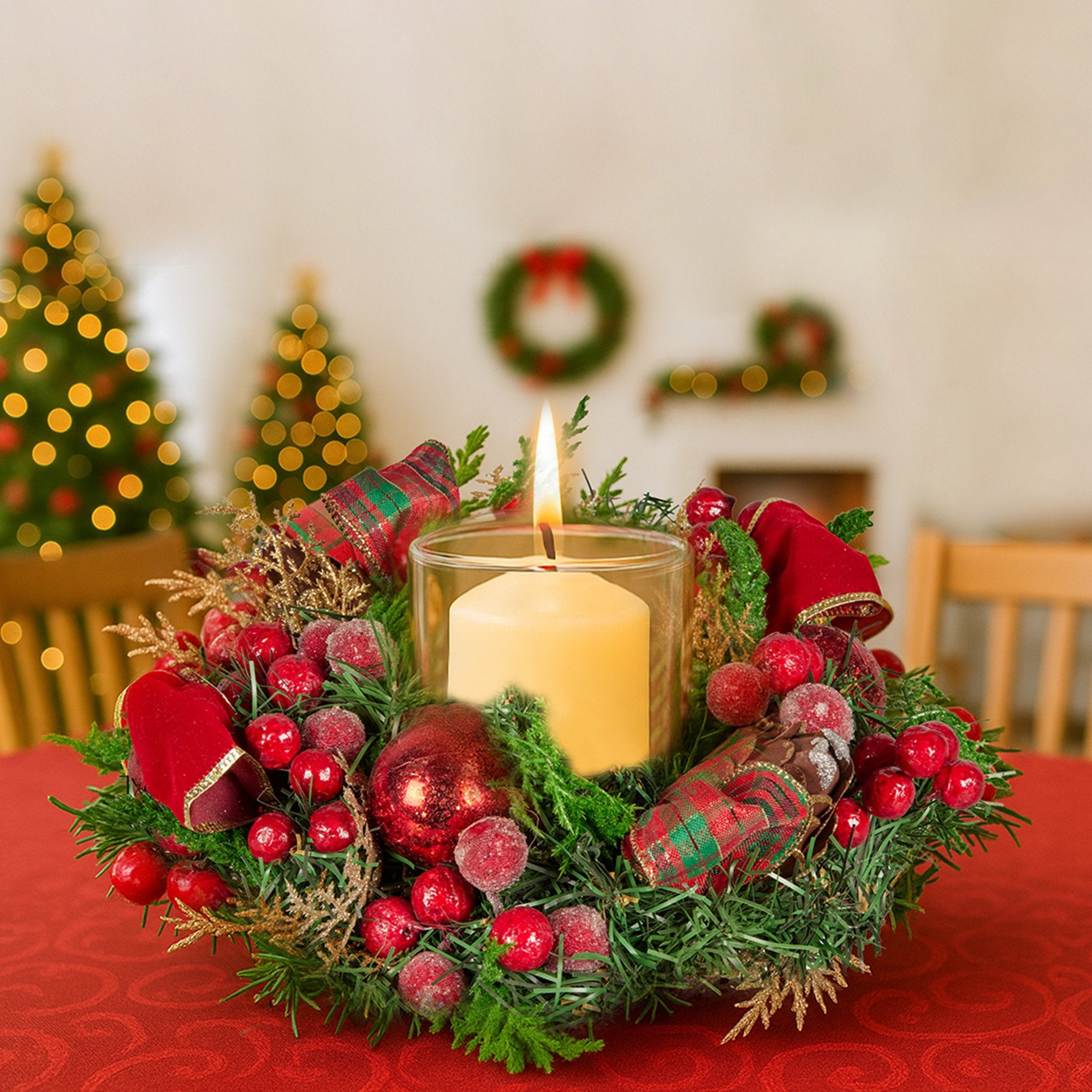 Christabelle 26cm Christmas Centrepiece Lush Green Holiday Display w/Red Berries & Hurricane Candle Holder Pre-decorated for Dining Table Console