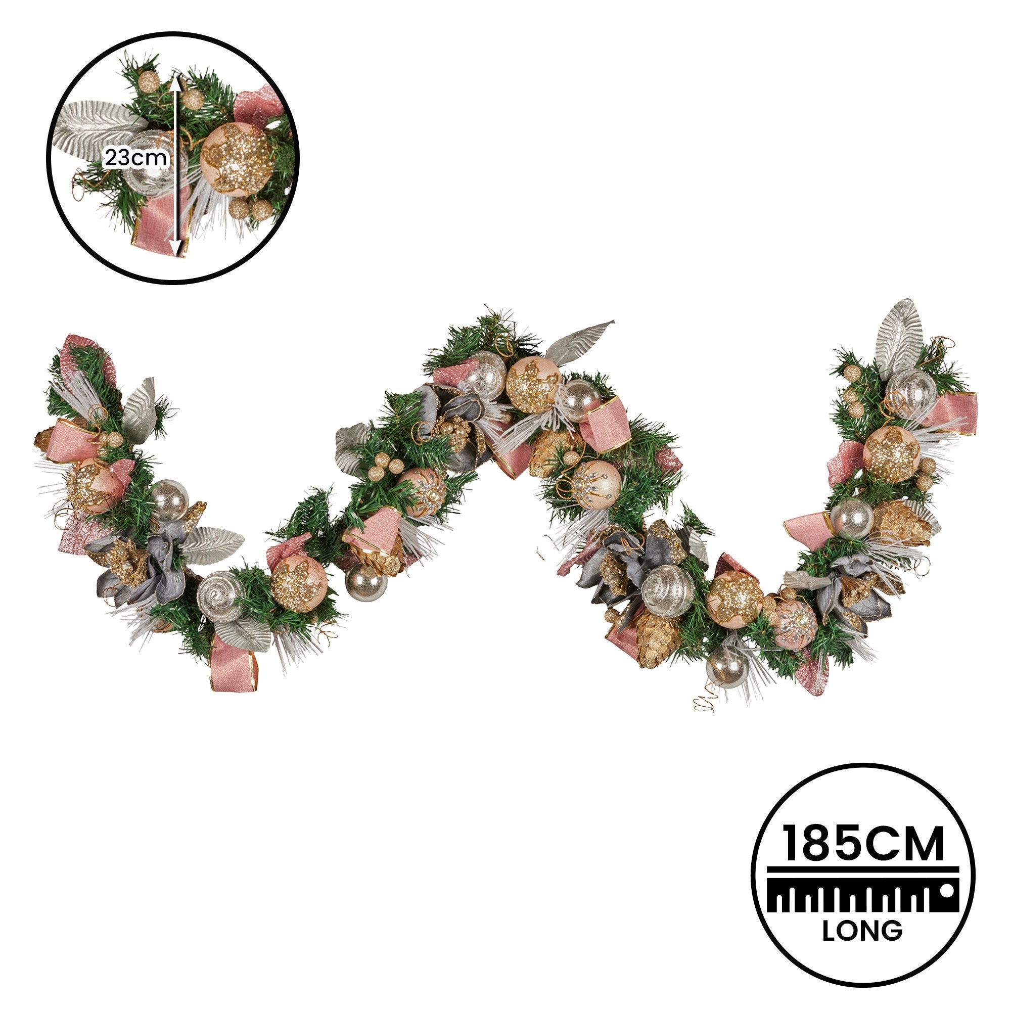 Christabelle 185cm Christmas Garland Lush Green Holiday Door Garland w/Jewelled Baubles, Flowers, Ribbon & Berries