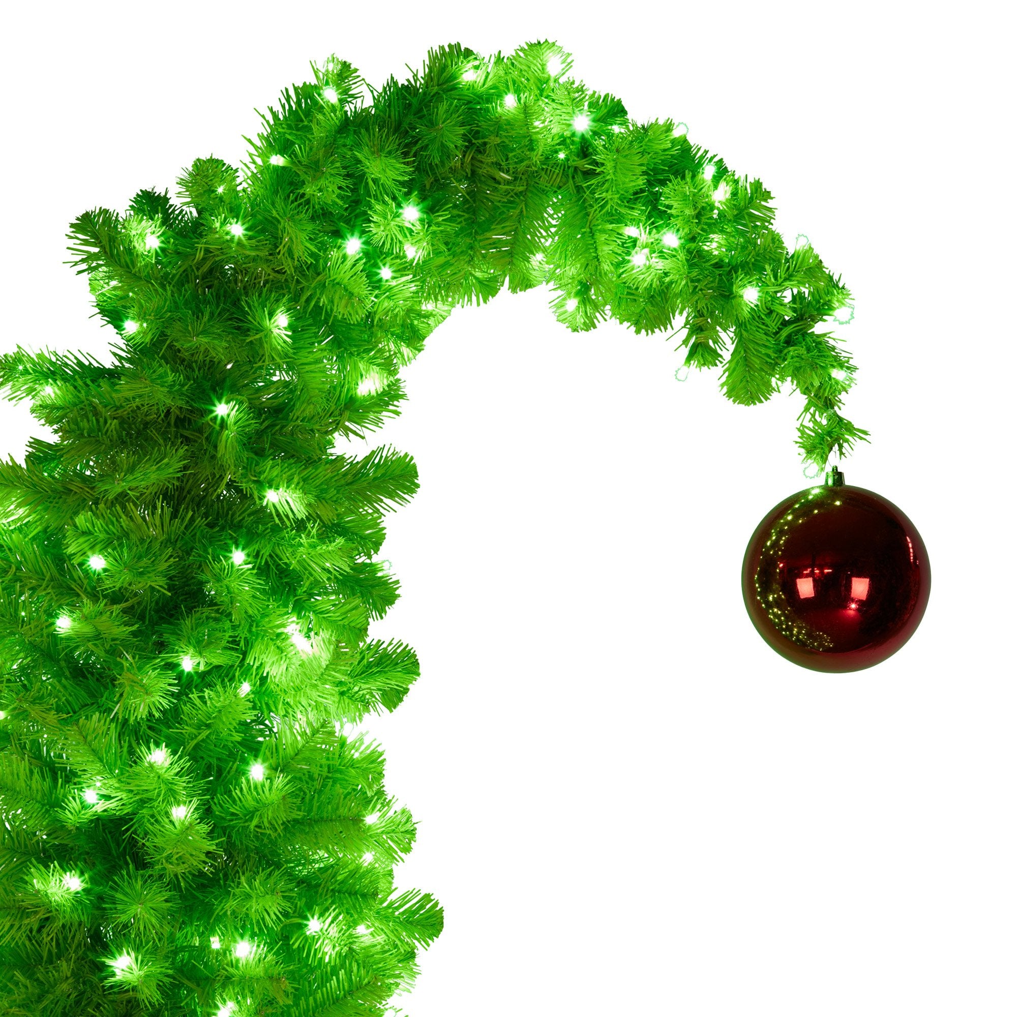 Christabelle 7.5ft Christmas Gremlin Tree Curved Top Red Bauble Built-in Green White LED Lights Control Base & Cord