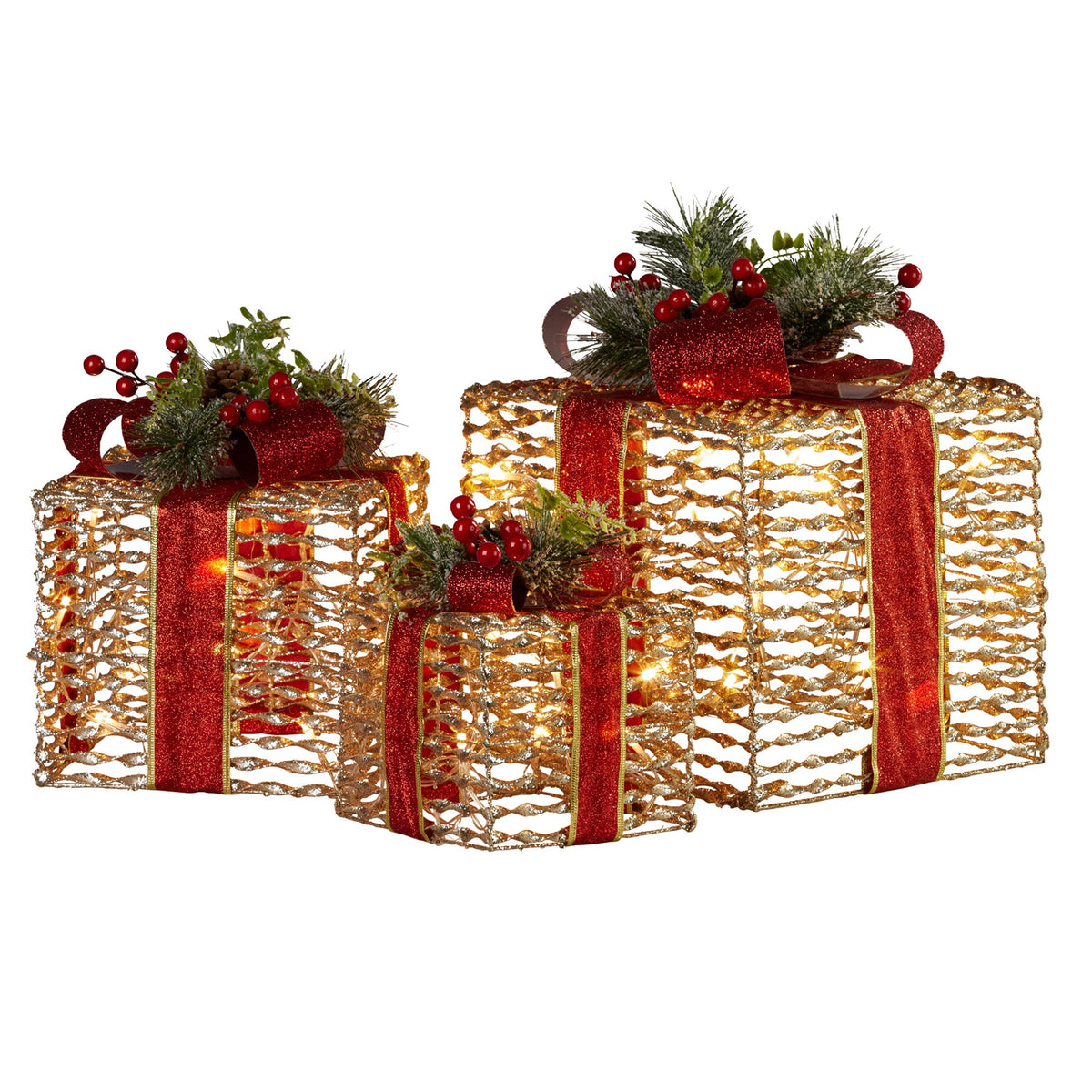 Christabelle Set Of 3 Christmas Gift Boxes With Lights - Champagne With Red Bows