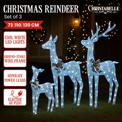 Christabelle Christmas Reindeer Display Set 3 Indoor & Outdoor Decorations Acrylic Beads Cool White LED Lights Silver