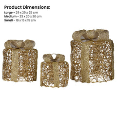 Christabelle Set of 3 Battery Operated Golden Cylindrical Christmas Gift Boxes w/Warm LED Lights Indoor Holiday Present