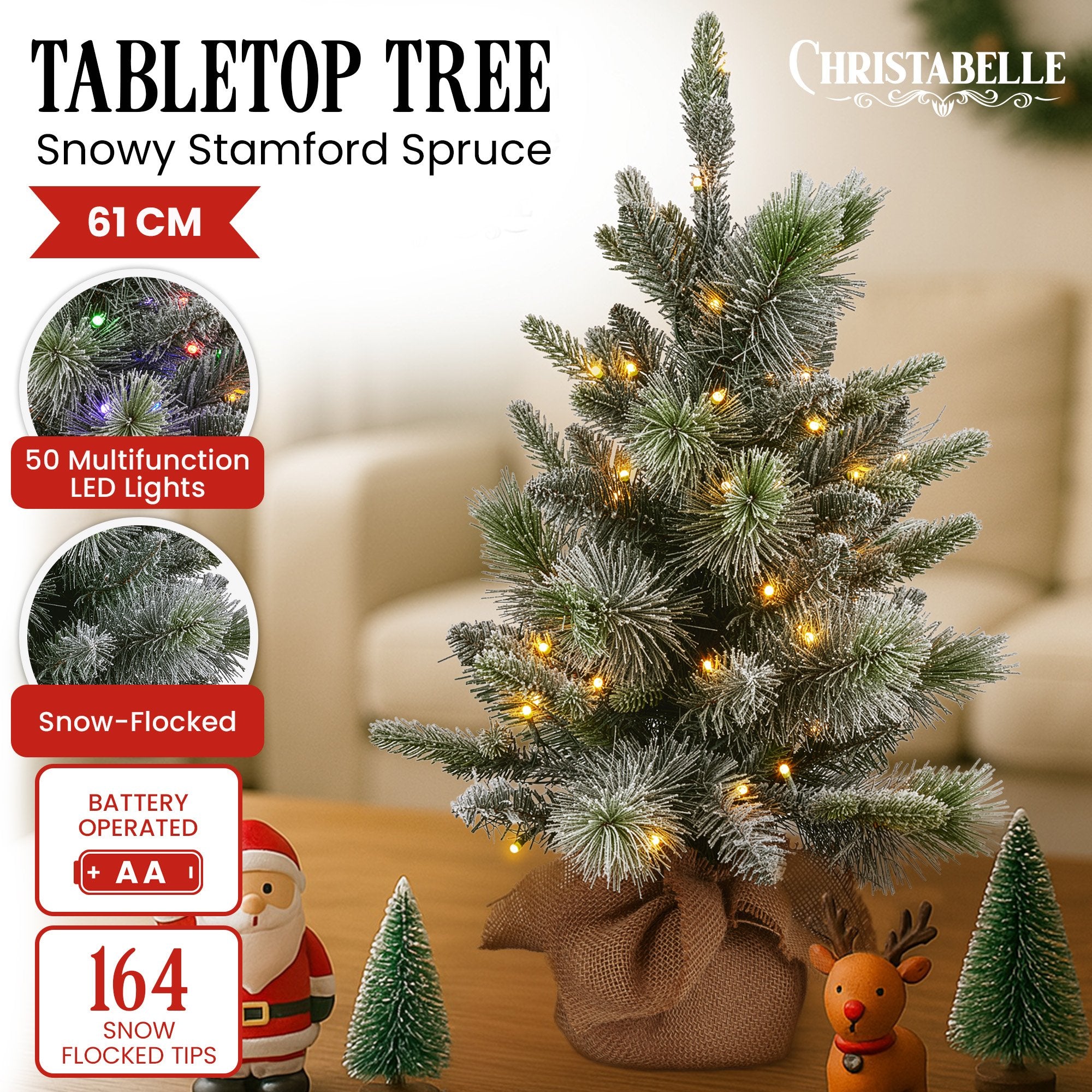 National Tree Company 61cm Pre-Lit Snowy Stamford Spruce Battery-Operated Mini Christmas Tree Multi-Functional LED Timer