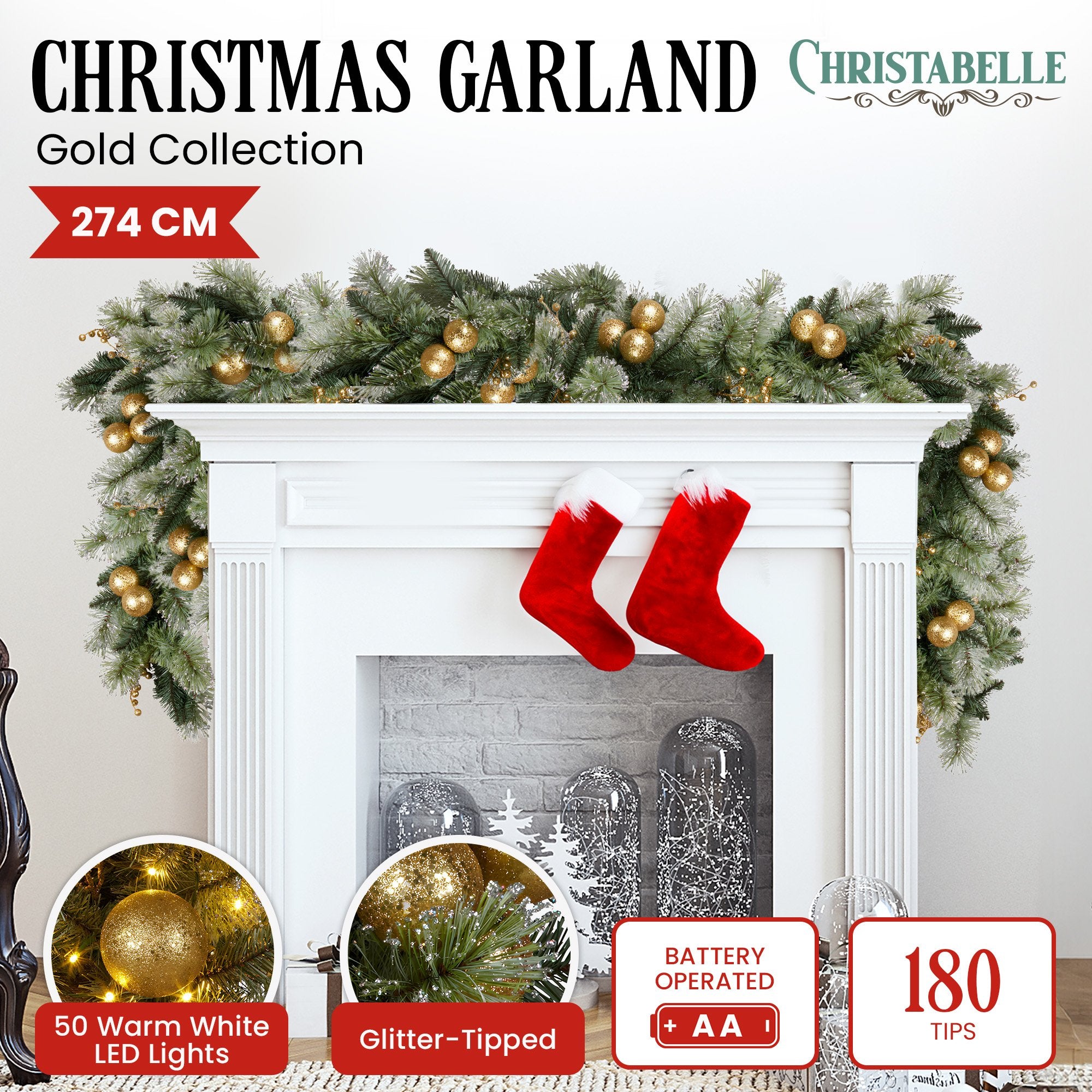 Christabelle 274cm Pre-lit Christmas Garland Gold Baubles Aa Battery Led Lights