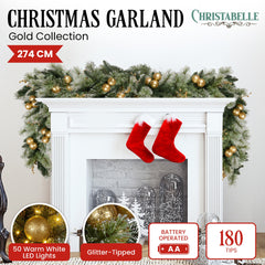 Christabelle 274cm Pre-lit Christmas Garland Gold Baubles Aa Battery Led Lights