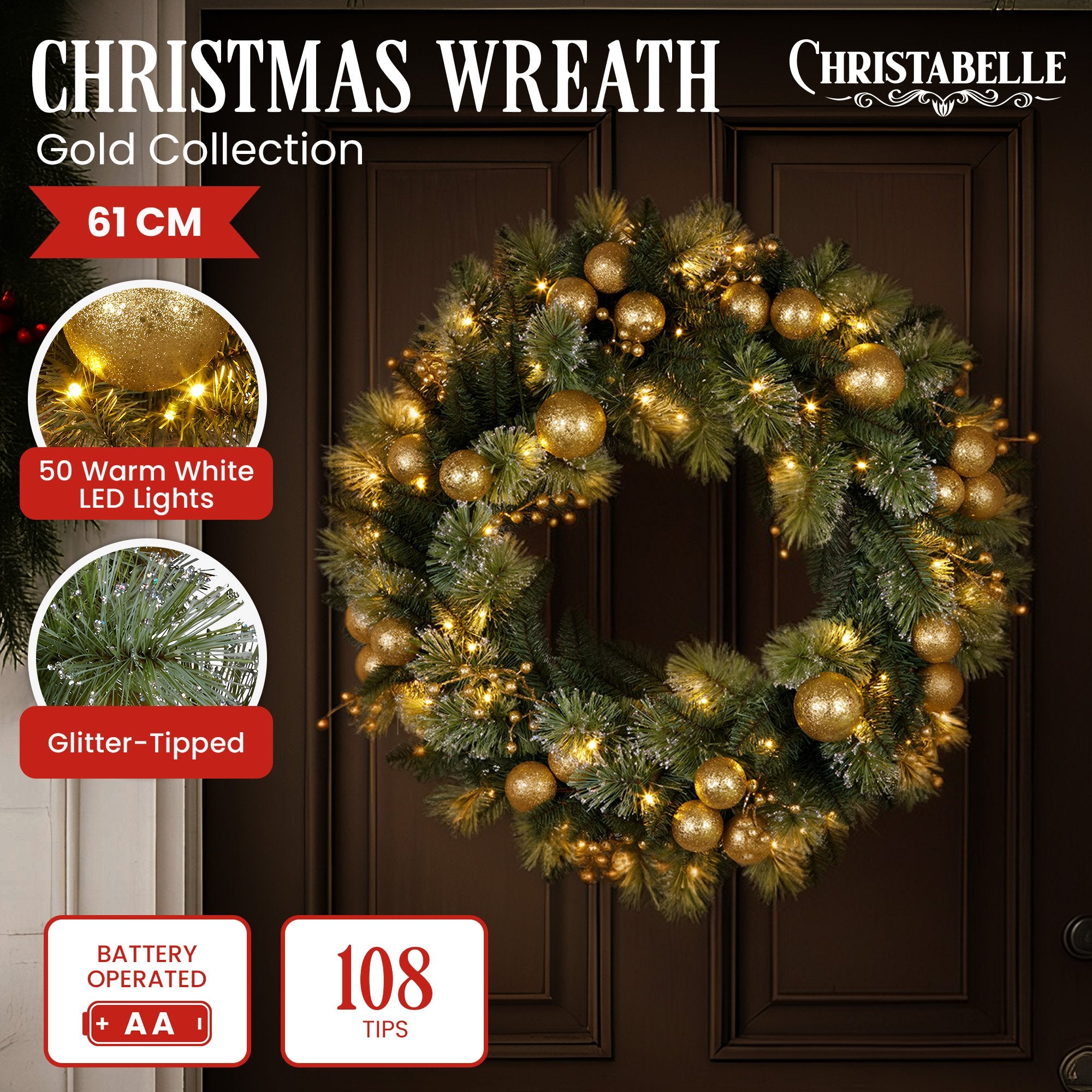 Christabelle 61cm Christmas Wreath Battery-operated Warm White Light Gold Bauble