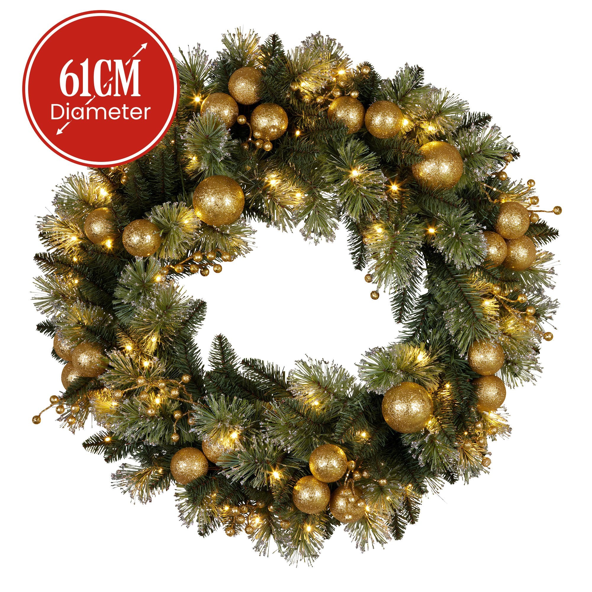 Christabelle 61cm Christmas Wreath Battery-operated Warm White Light Gold Bauble