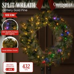 Christabelle 122cm Battery-operated Split Christmas Wreath Glittery Gold Pine