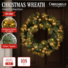 Christabelle 61cm Battery-operated Christmas Wreath Glittery Gold Pine