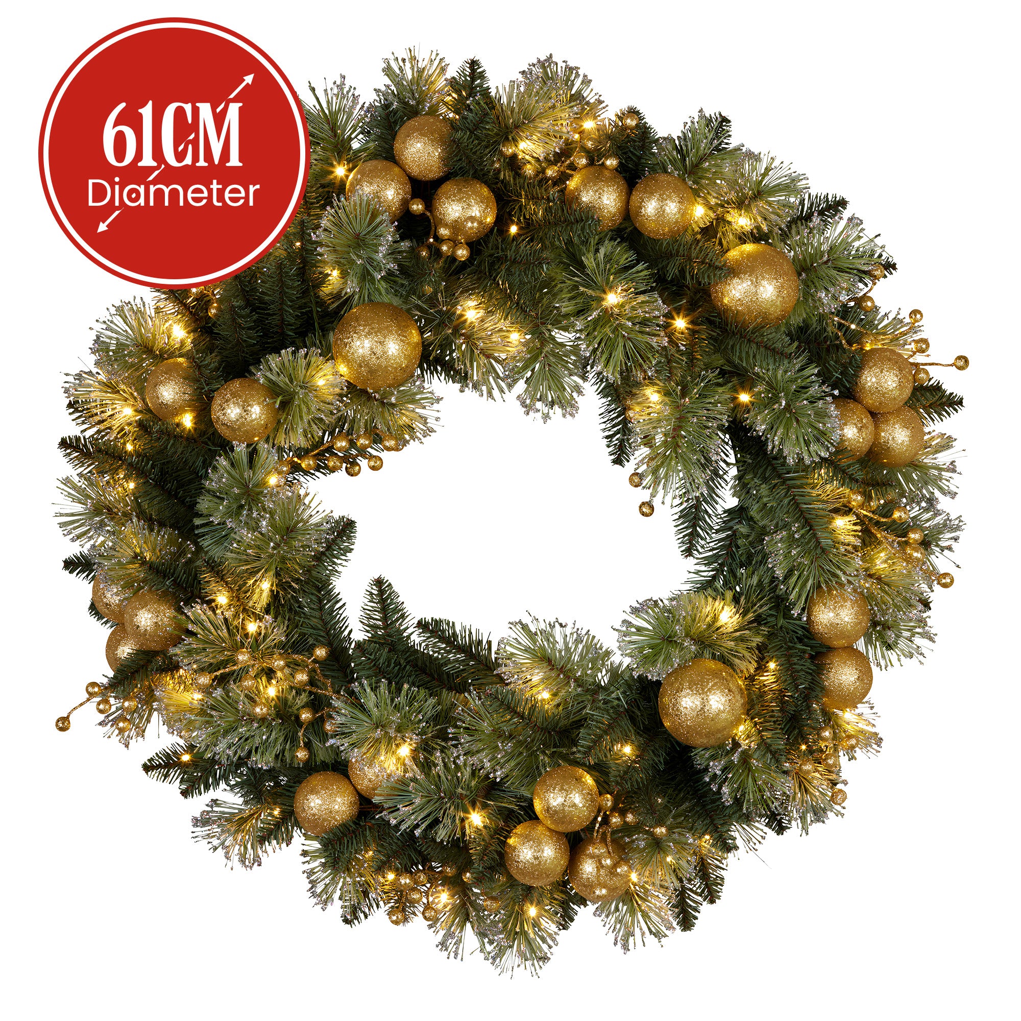 Christabelle 61cm Battery-operated Christmas Wreath Glittery Gold Pine