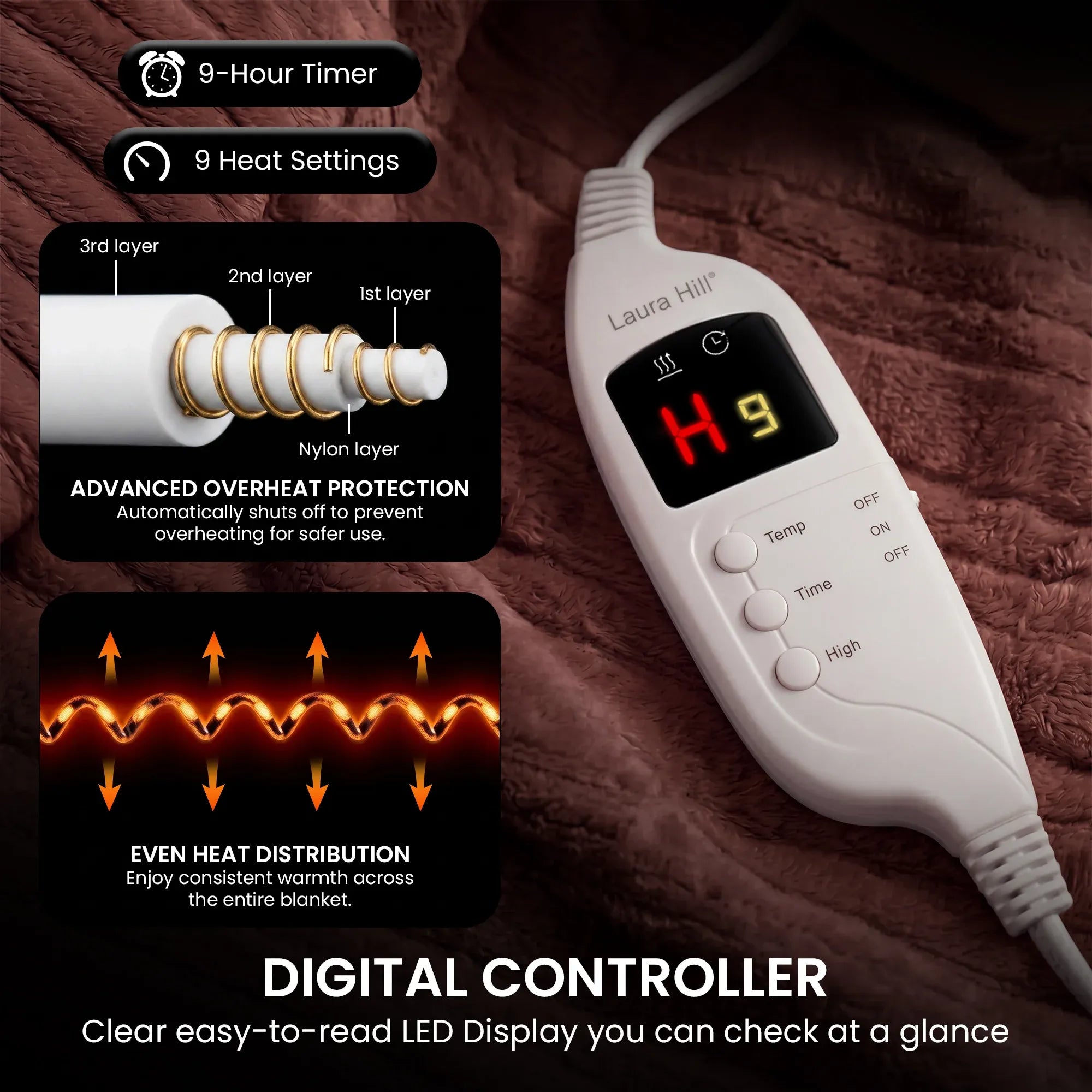 Laura Hill Electric Heated Blanket Throw Soft Coral Fleece w/ 9 Heat Settings