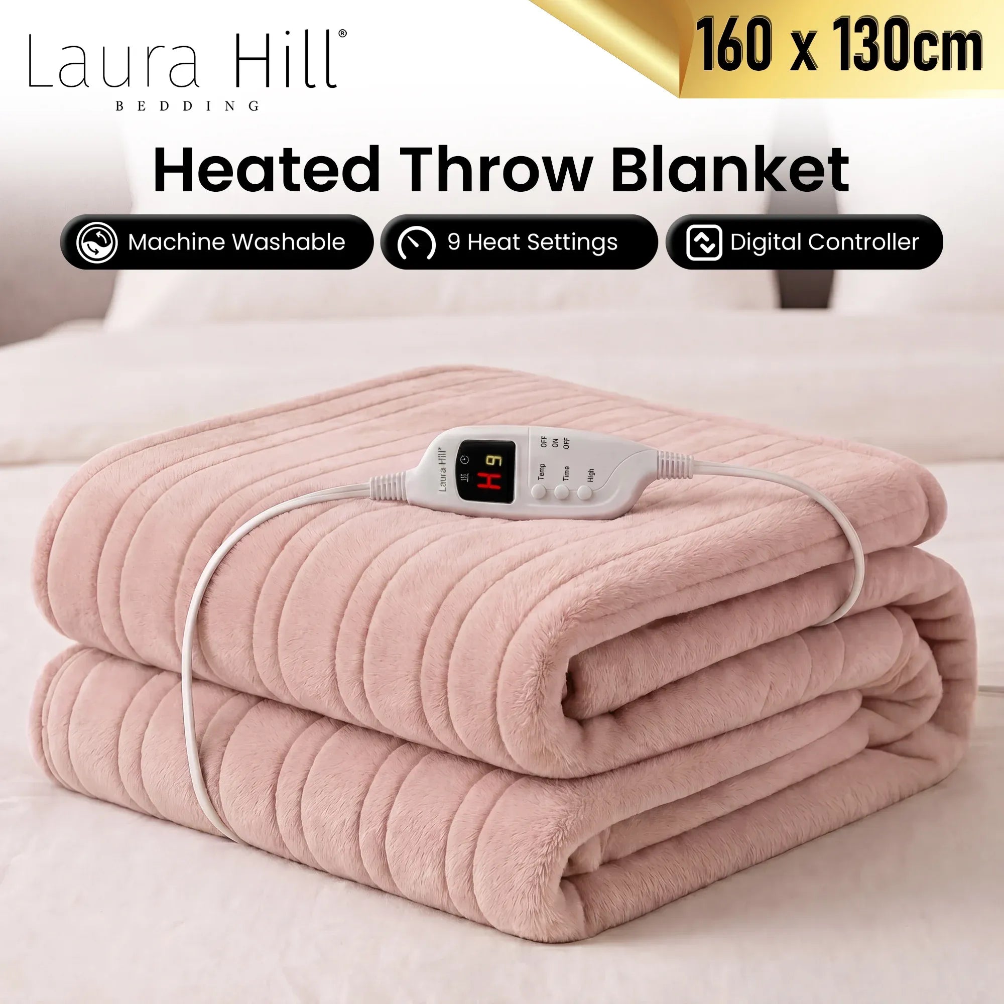 Laura Hill Electric Heated Blanket Throw Soft Coral Fleece w/ 9 Heat Settings