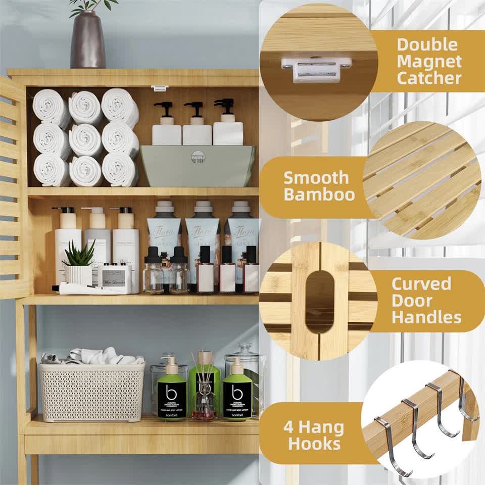 4-Tier Bamboo Bathroom Toilet Storage Rack - Free Delivery