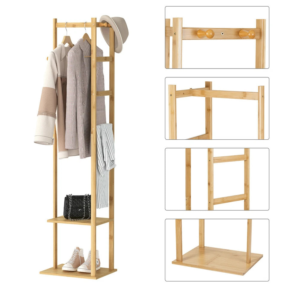 Bamboo Coat Stand Clothes Rack with Garment Shelf, Hanging Rail and Hooks - Free Delivery