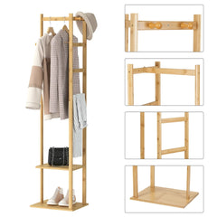 Bamboo Coat Stand Clothes Rack with Garment Shelf, Hanging Rail and Hooks - Free Delivery