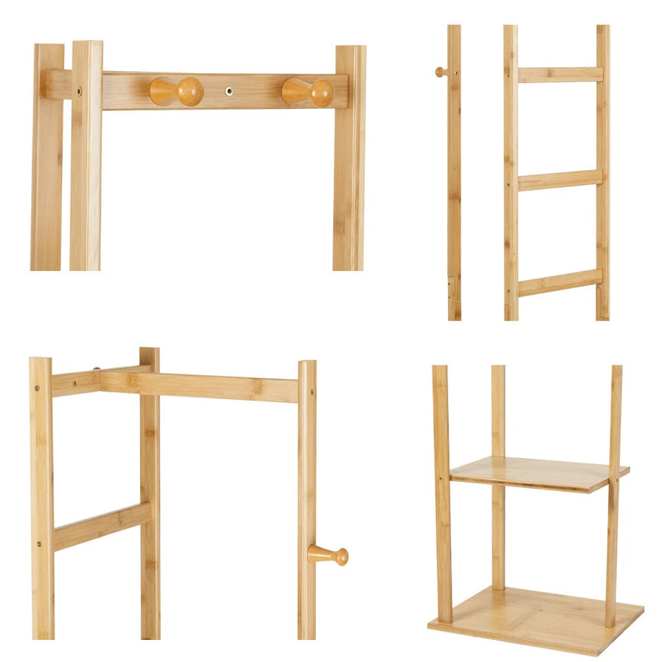 Bamboo Coat Stand Clothes Rack with Garment Shelf, Hanging Rail and Hooks - Free Delivery