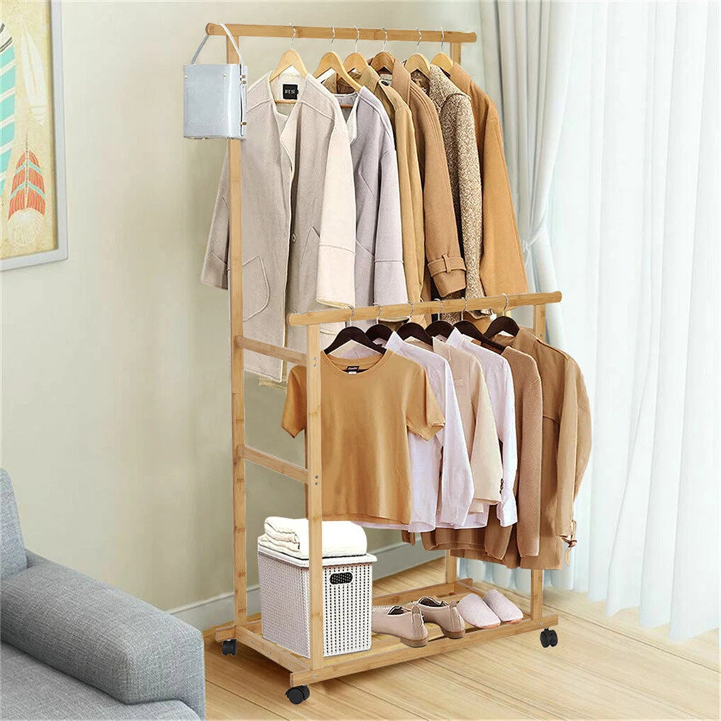 Portable Rolling Bamboo Clothes Rack for Kids with Hanging Rail - Free Delivery