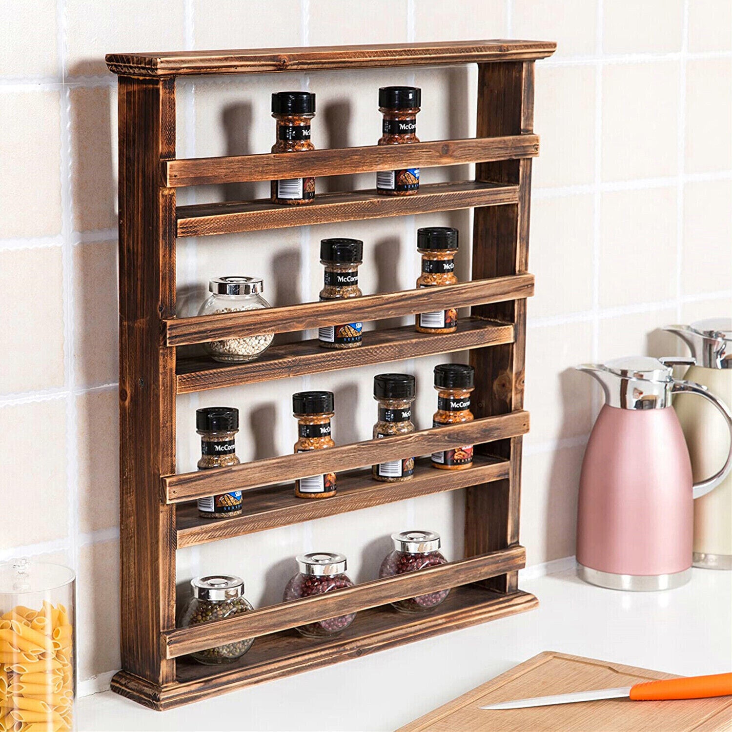 4 Tiers Rustic Wood Spice Rack Organizer Wall Mounted Kitchen Shelves Space Save - Free Delivery