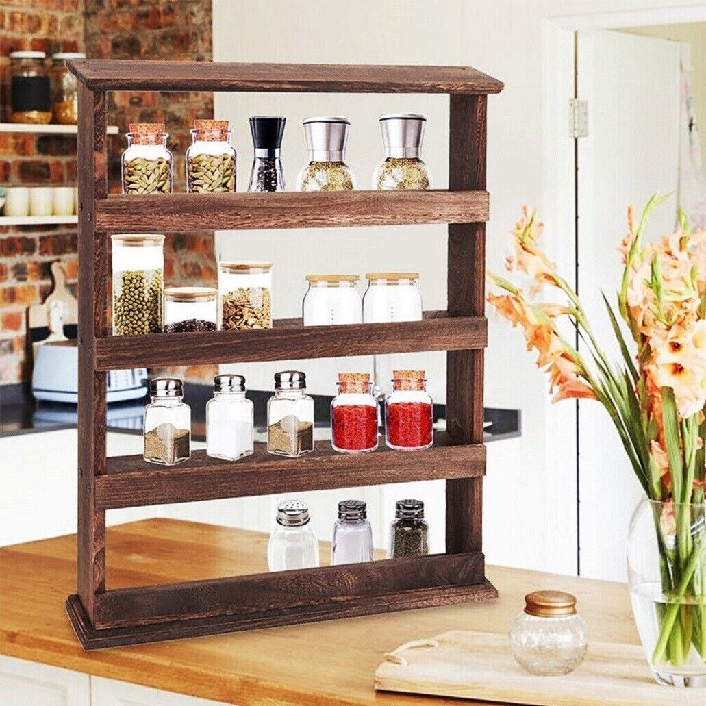 4 Tiers Rustic Wood Spice Rack Organizer Wall Mounted Kitchen Shelves Space Save - Free Delivery