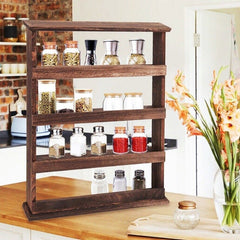 4 Tiers Rustic Wood Spice Rack Organizer Wall Mounted Kitchen Shelves Space Save - Free Delivery