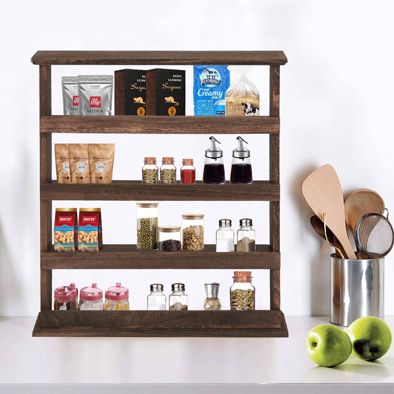 4 Tiers Rustic Wood Spice Rack Organizer Wall Mounted Kitchen Shelves Space Save - Free Delivery