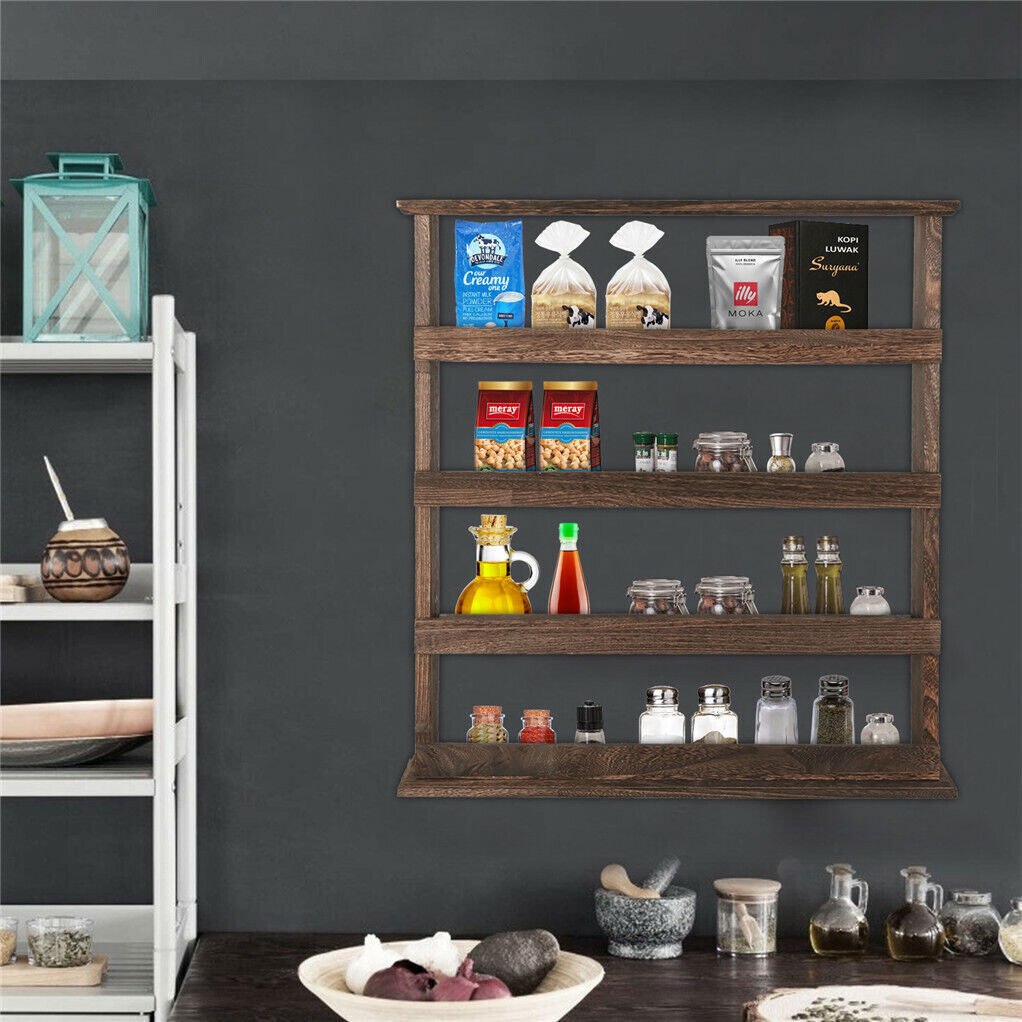 4 Tiers Rustic Wood Spice Rack Organizer Wall Mounted Kitchen Shelves Space Save - Free Delivery