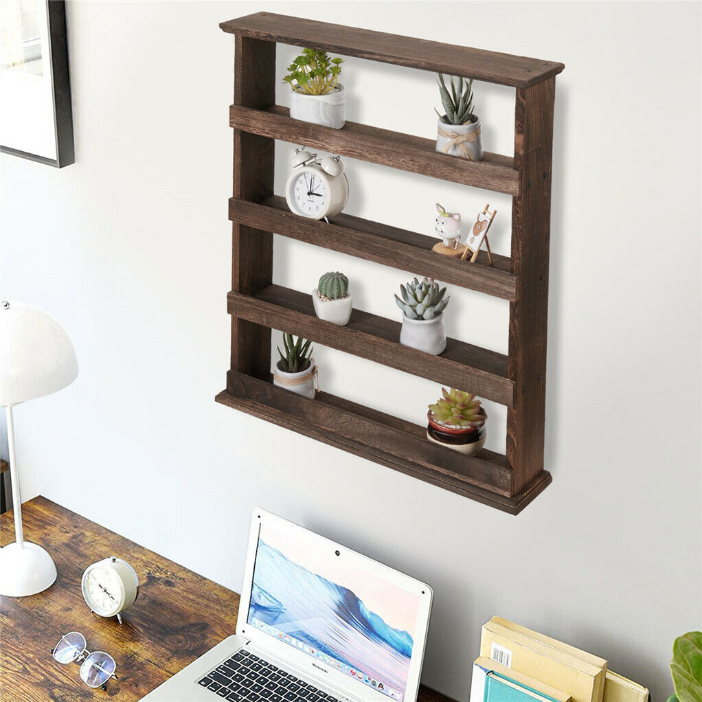 4 Tiers Rustic Wood Spice Rack Organizer Wall Mounted Kitchen Shelves Space Save - Free Delivery