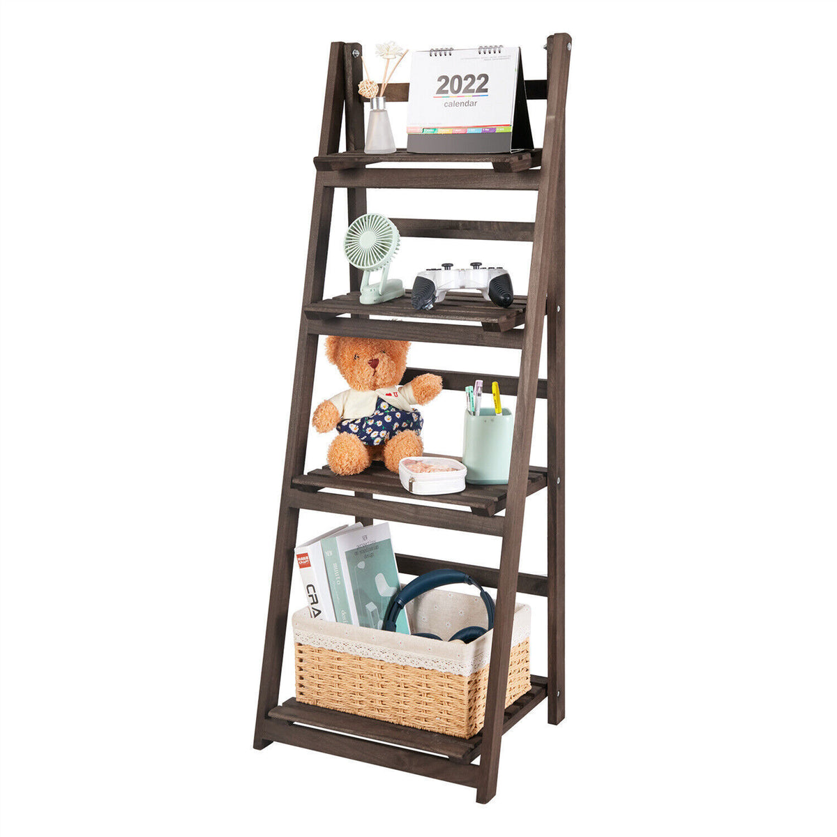 Retro 4 Tier Wooden Ladder Bookcase Folding Book Shelf Plant Stand Storage Rack - Free Delivery