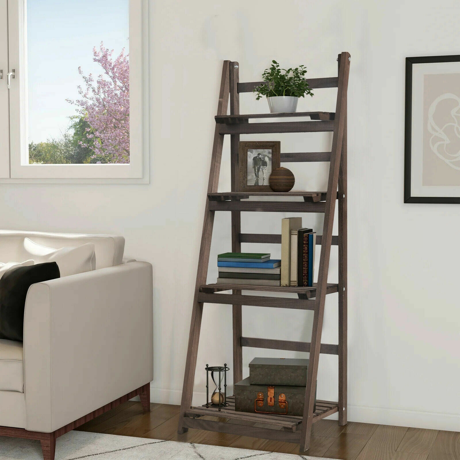 Retro 4 Tier Wooden Ladder Bookcase Folding Book Shelf Plant Stand Storage Rack - Free Delivery