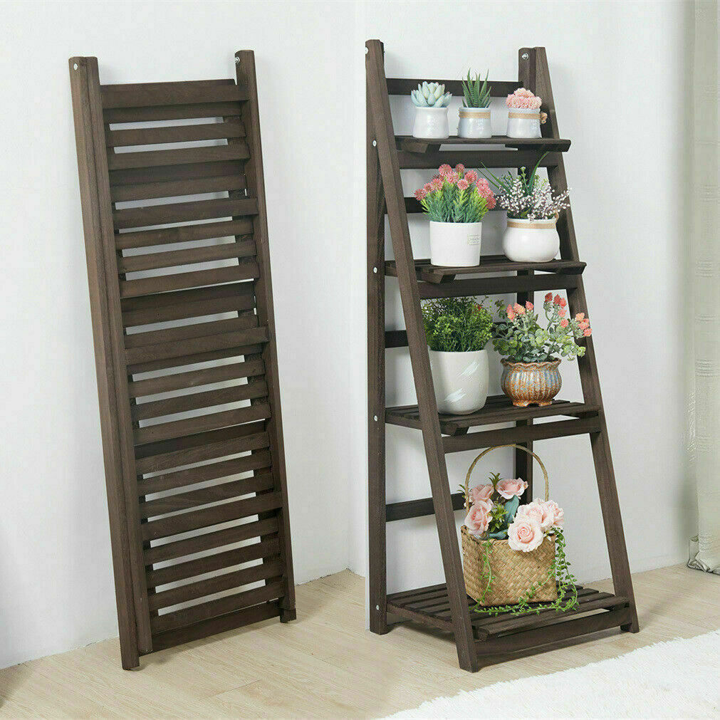 Retro 4 Tier Wooden Ladder Bookcase Folding Book Shelf Plant Stand Storage Rack - Free Delivery