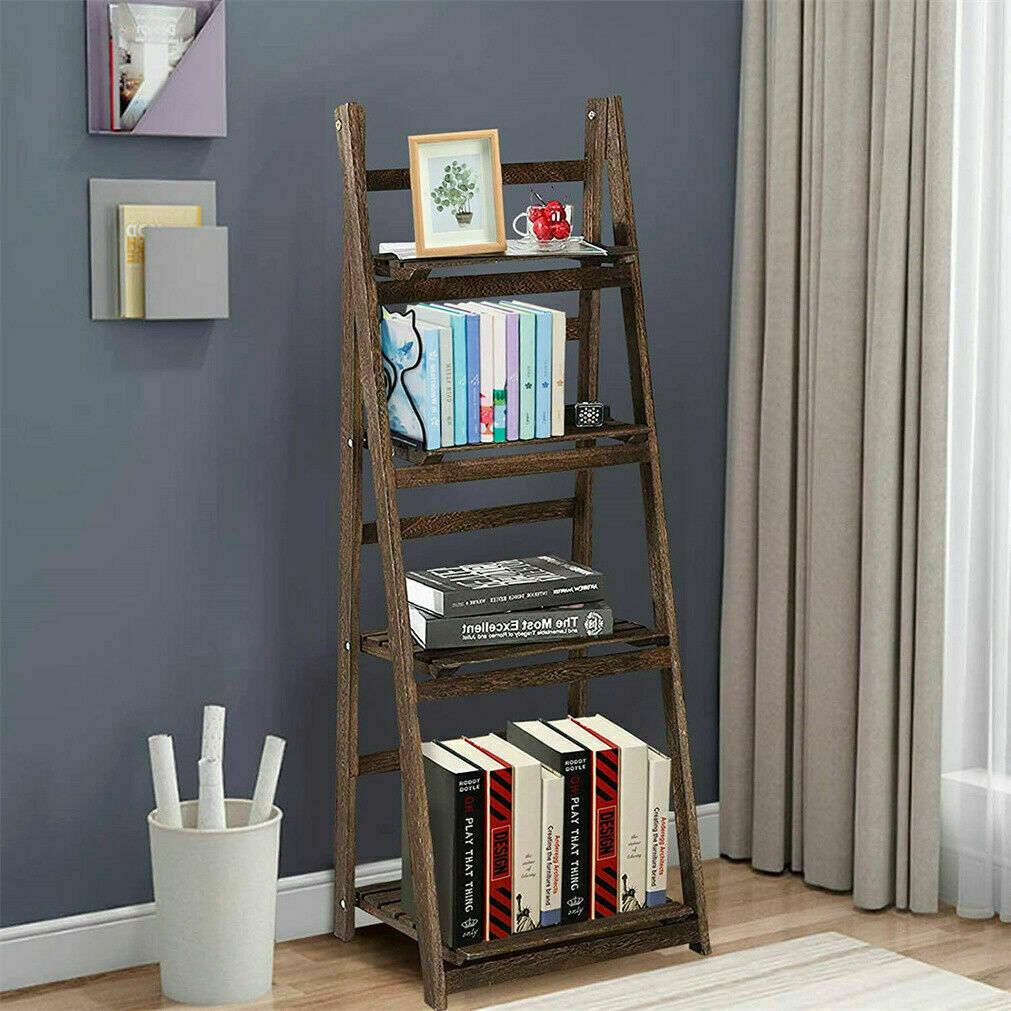 Retro 4 Tier Wooden Ladder Bookcase Folding Book Shelf Plant Stand Storage Rack - Free Delivery