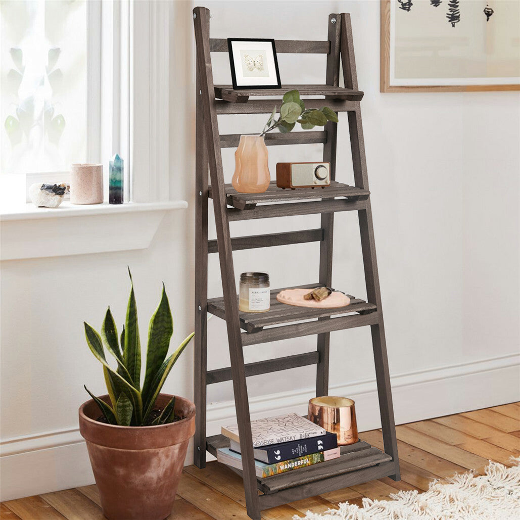 Retro 4 Tier Wooden Ladder Bookcase Folding Book Shelf Plant Stand Storage Rack - Free Delivery