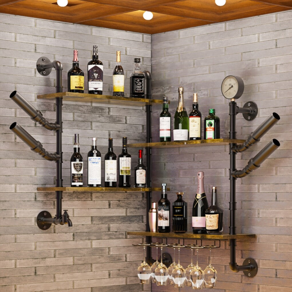 Industrial Pipe Bar Wall Liquor Shelf Floating Shelves with Wine Glass Holder - Free Delivery