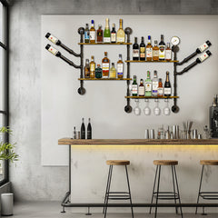 Industrial Pipe Bar Wall Liquor Shelf Floating Shelves with Wine Glass Holder - Free Delivery