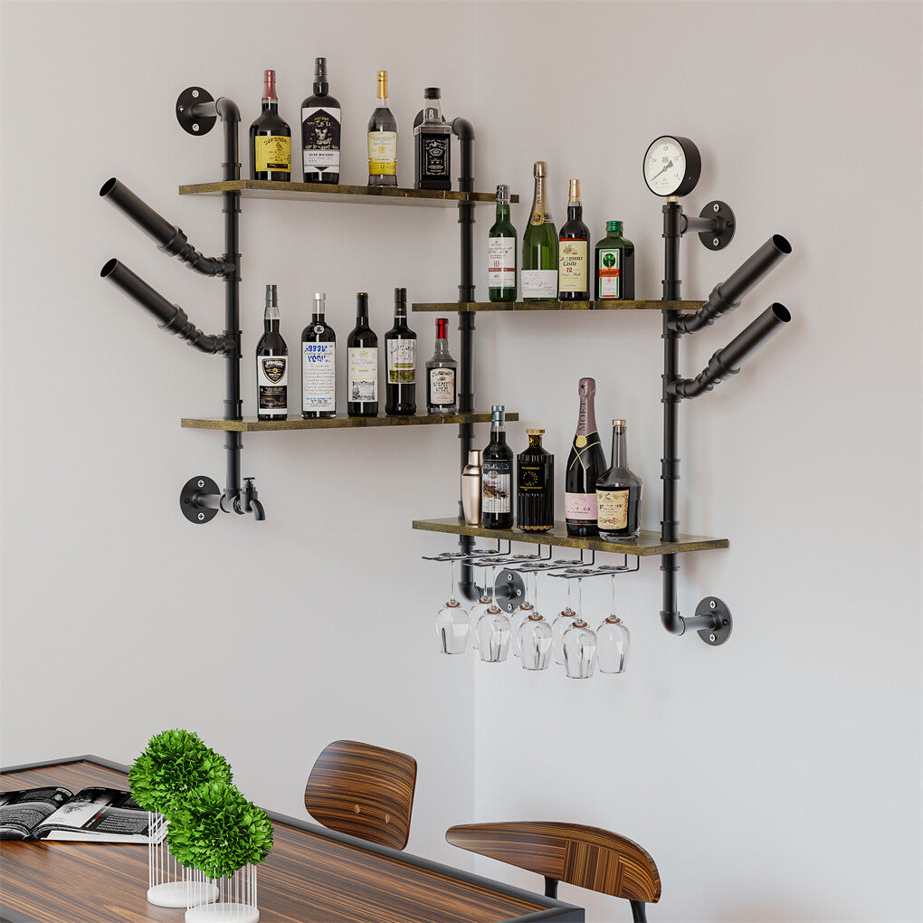 Industrial Pipe Bar Wall Liquor Shelf Floating Shelves with Wine Glass Holder - Free Delivery