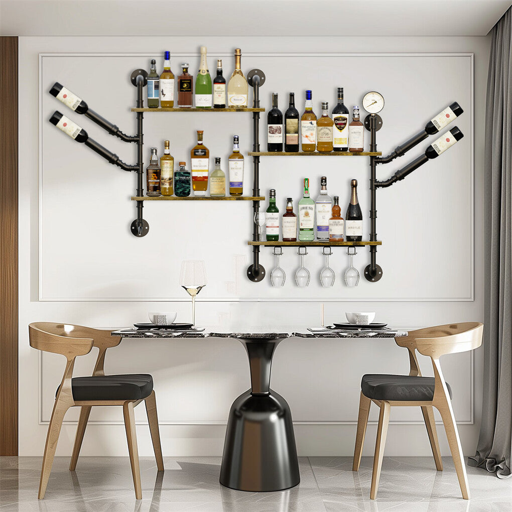 Industrial Pipe Bar Wall Liquor Shelf Floating Shelves with Wine Glass Holder - Free Delivery