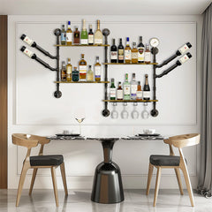 Industrial Pipe Bar Wall Liquor Shelf Floating Shelves with Wine Glass Holder - Free Delivery